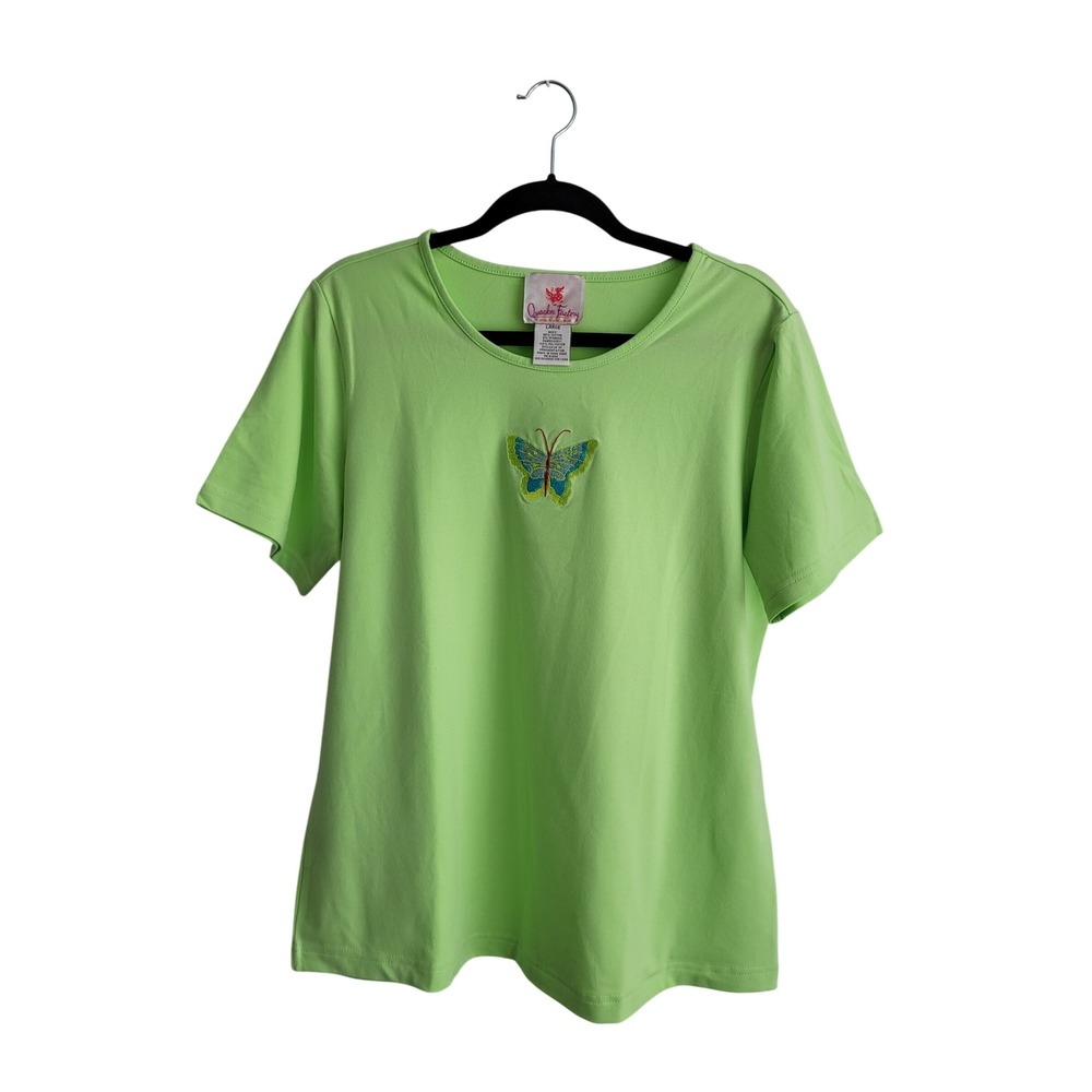 Quacker Factory Butterfly‎ T-Shirt Lime Green Embroidered Short Sleeve L 14/16